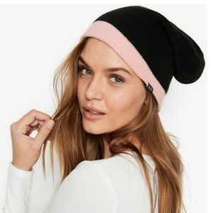Victoria  Secret Black Pink Reversible Winter Beanie